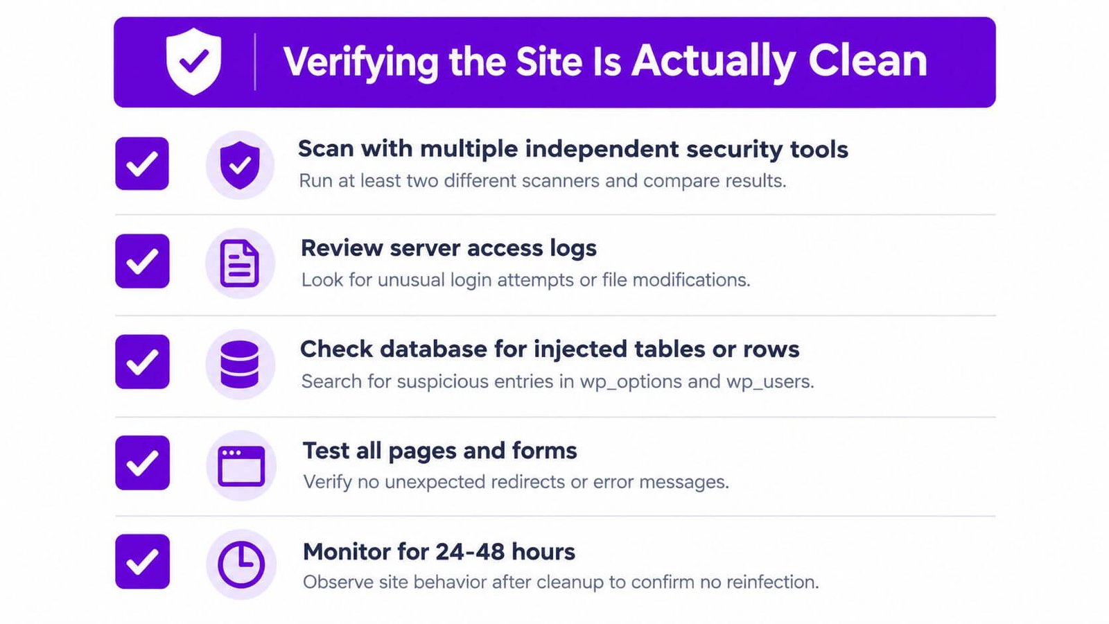 An infographic checklist for verifying a WordPress website is clean after malware removal and security cleanup.